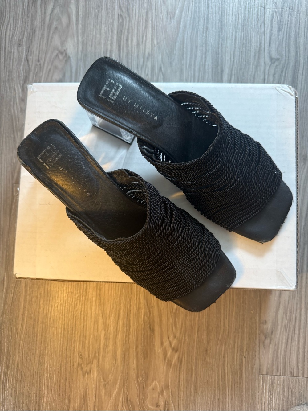 E8 by Miista Black Lucite Heel Rope Woven Mules - Picture 3 of 4